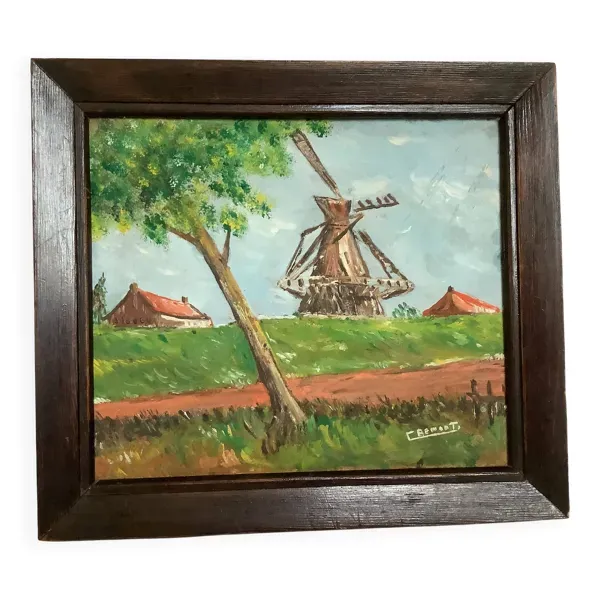 Petit tableau paysage moulin huile sur panneau signée