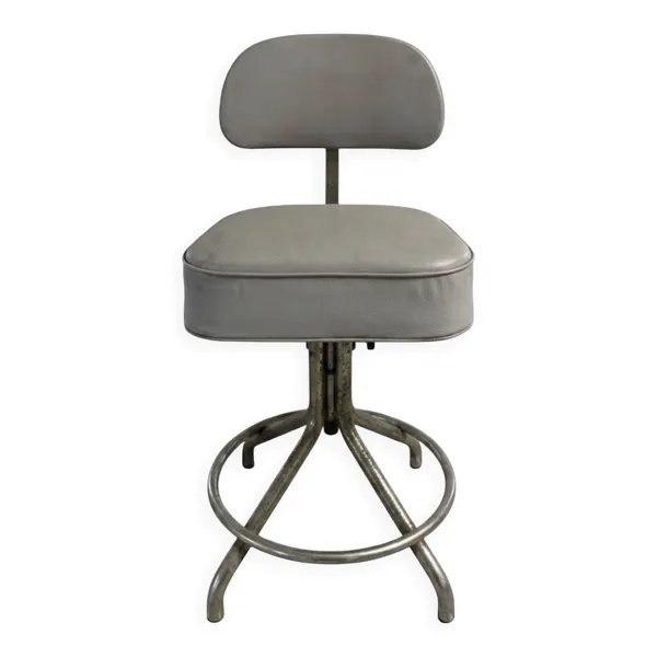 Chaise d’atelier vintage réglable en métal patiné et skaï gris