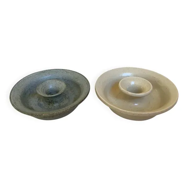 Paire de bougeoirs céramique beige et bleu