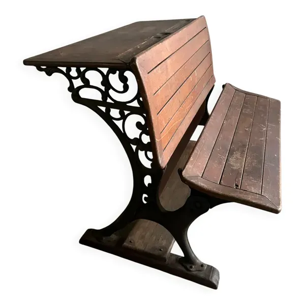 Pupitre d'écolier double du début du XXe siècle en bois brun chaud avec cadre en fonte noire