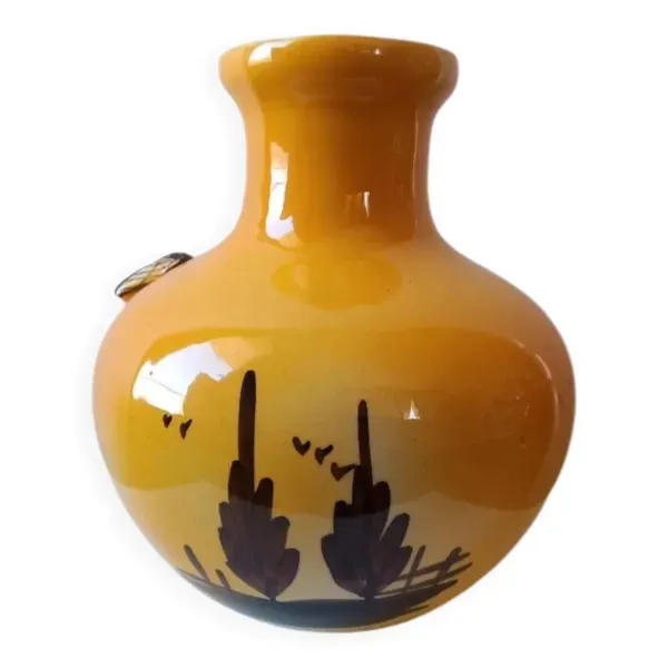 Vase Artisanat Vintage 'Scène de Campagne' - Émail Jaune Ocre Brillant