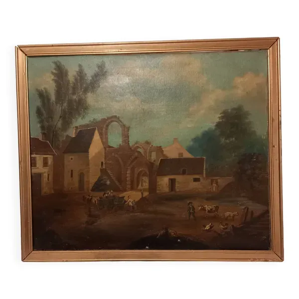 Tableau ancien, école française du XVIIIe s., scène bucolique, ruines