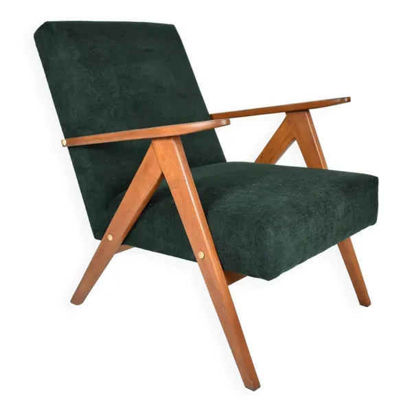 Fauteuil compas restauré, tissu vert forêt, bois de teck, 1960