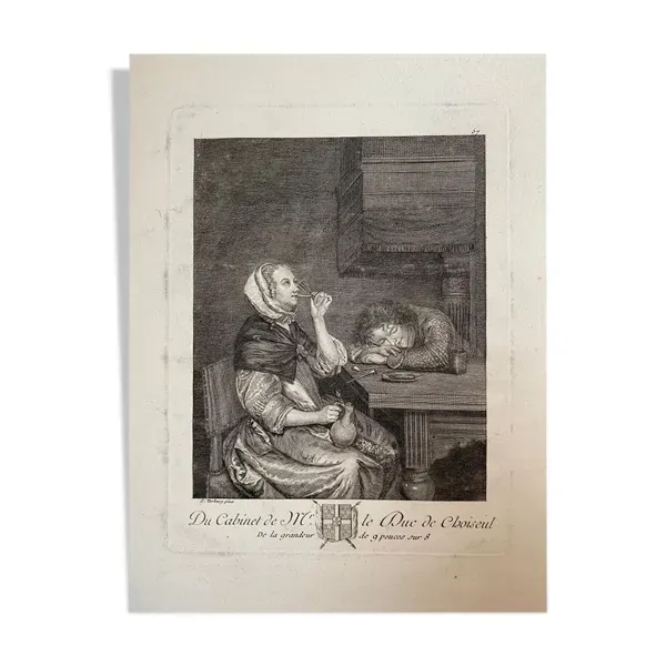 Gérard ter broch, scène de genre les deux buveurs, gravure xviième siècle