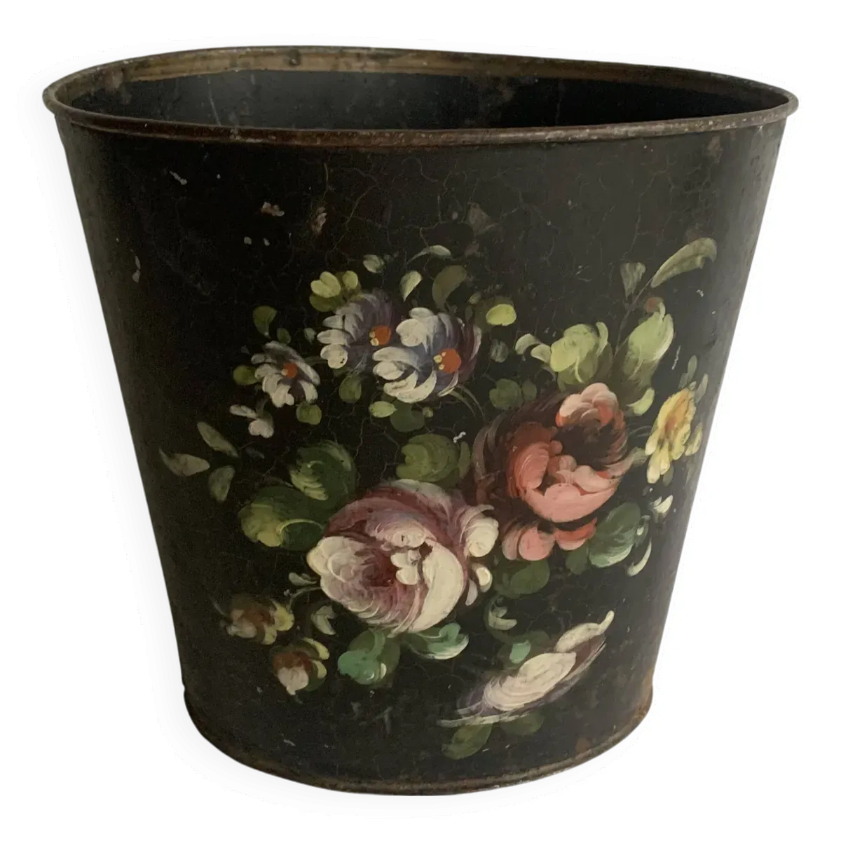 Corbeille à papier Napoléon III en tôle noire et fleurs peintes, 19e siècle