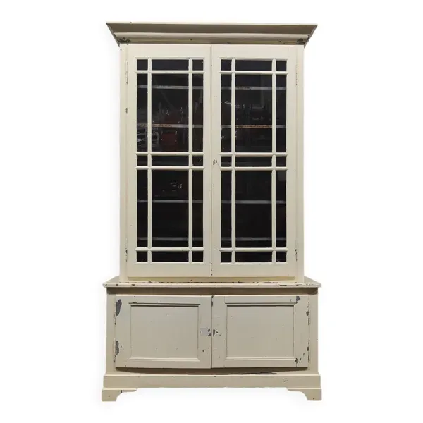 Ancienne bibliothèque d'école, vaisselier blanc patiné deux corps année 1888