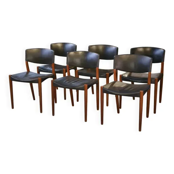 Ensemble de 6 chaises Ejner Larsen et A. Bender Madsen pour Willy Beck design scandinave en cuir et palissandre 1960’s