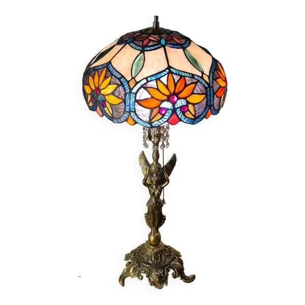 lampe bronze angel 1970  interupteur a tirette 63x30 abat jour verre vitrai