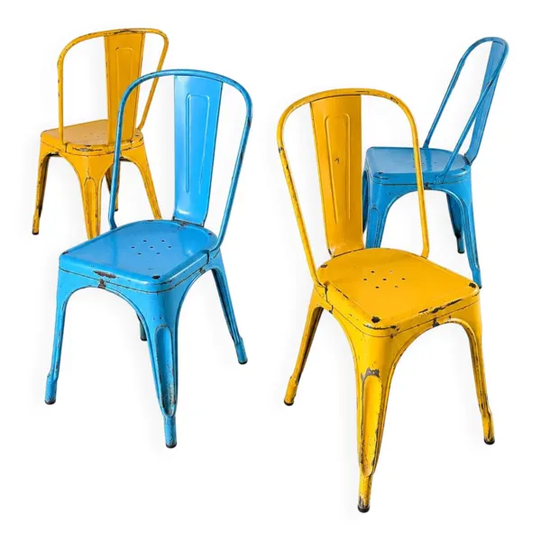 4 chaises Tolix jaune et bleu, années 60