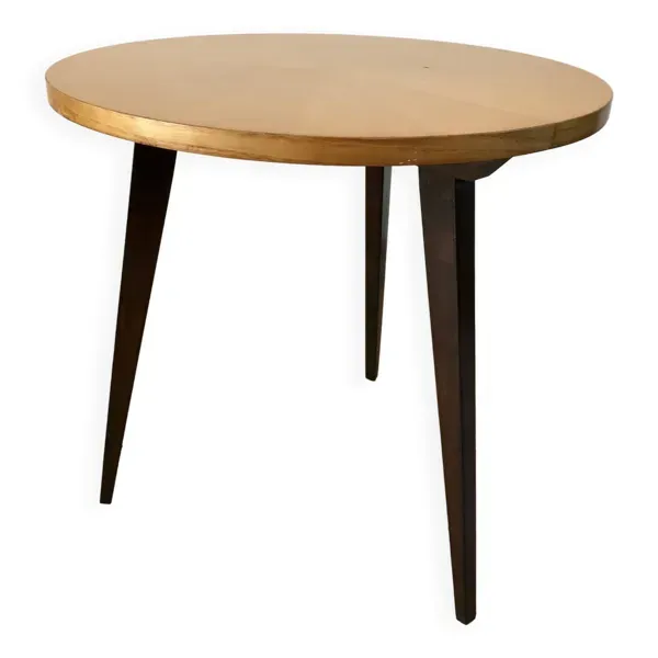 Table basse tripode en bois et marqueterie bicolore design scandinave 1950