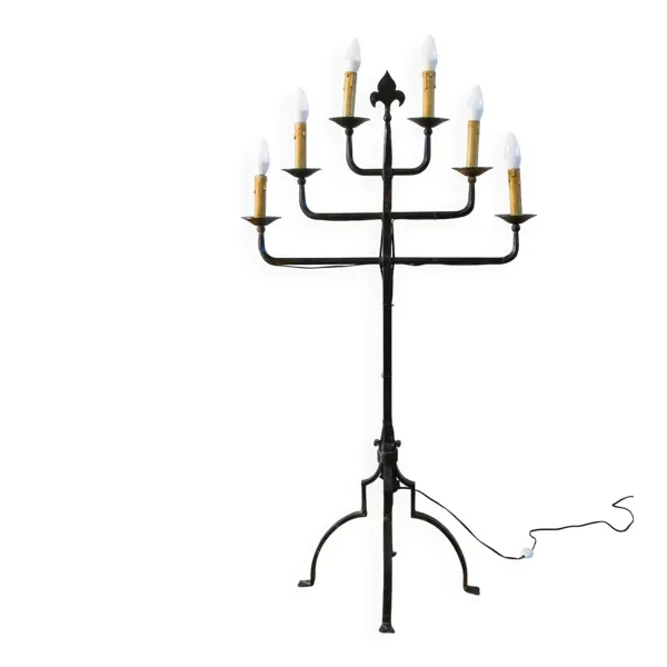 Grand lampadaire Brutaliste en fer forgé, six feux, 1970