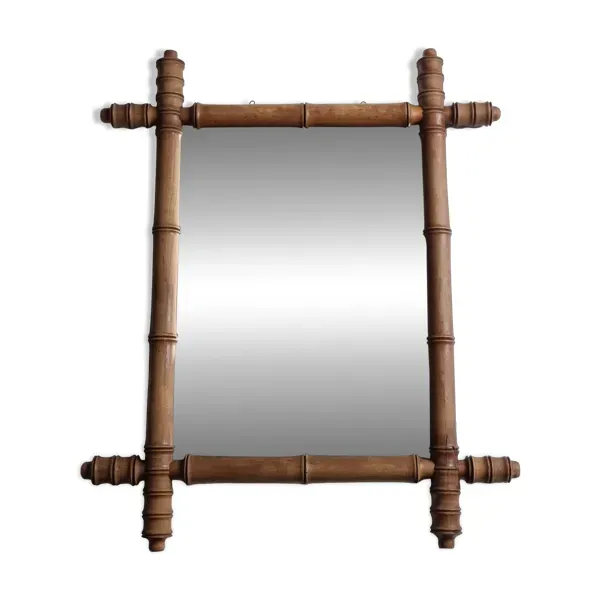 Miroir ancien style bambou tain altéré bois tourné fin XIXe siècle 50x42 cm