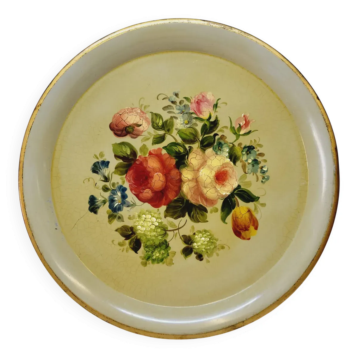 Plateau En Tôle Peinte Napoléon III Métal Peint Décor Floral Diamètre 44,5