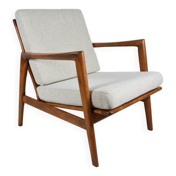Fauteuil scandinave restauré avec repos-pieds, icône des années 60, tissu marron, teck