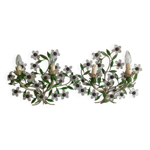 Paire d’appliques murales italiennes Florentine  tole et verre