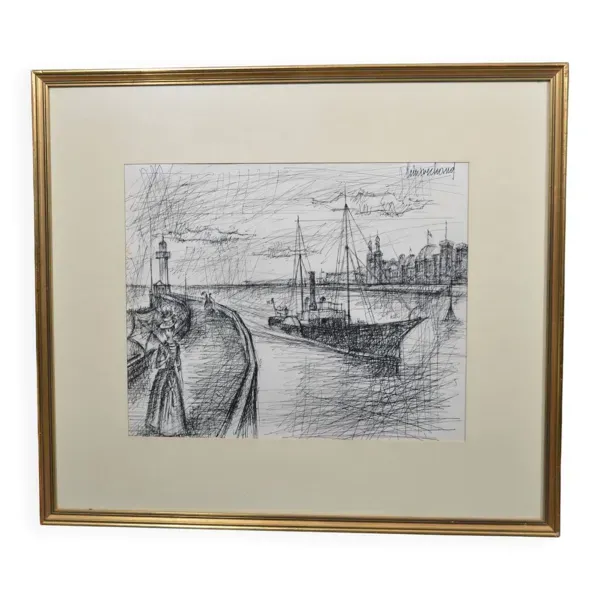 Ecole française du XXème siècle ''le bateau dans un port avec les élégantes