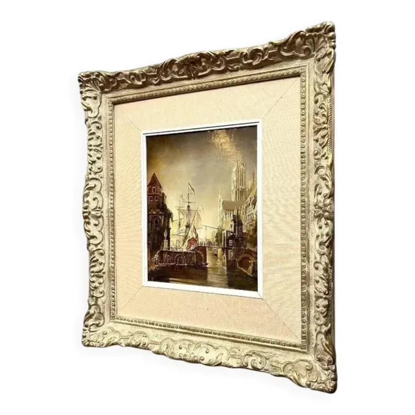 École Flamande de qualité époque XIXe : Tableau Scène portuaire animée