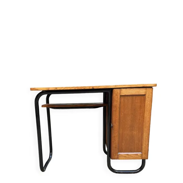 Bureau tubulaire vintage en chêne et métal noir — Années 50