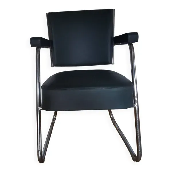 Fauteuil de bureau industriel Roneo simili cuir skai vert chrome vintage 50