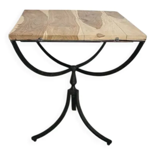 Table d’appoint en chêne massif et métal — design industriel / art déco