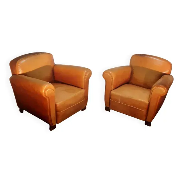 Paire de club des année 1950 en cuir fauve