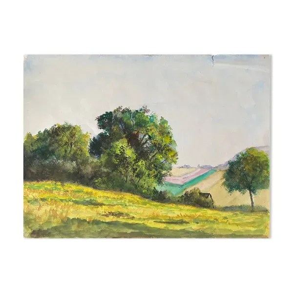 Tableau aquarelle ''Plaine vallonnée et arborée'' école du XX° siècle