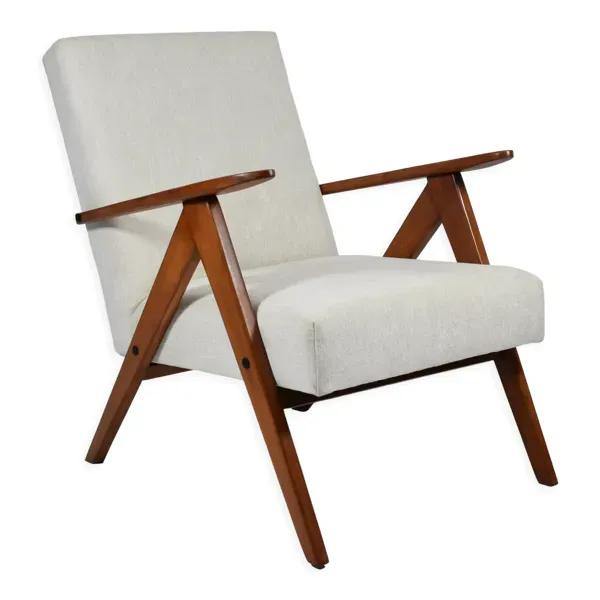 Fauteuil vintage, restauré, années 1960, beige, teck