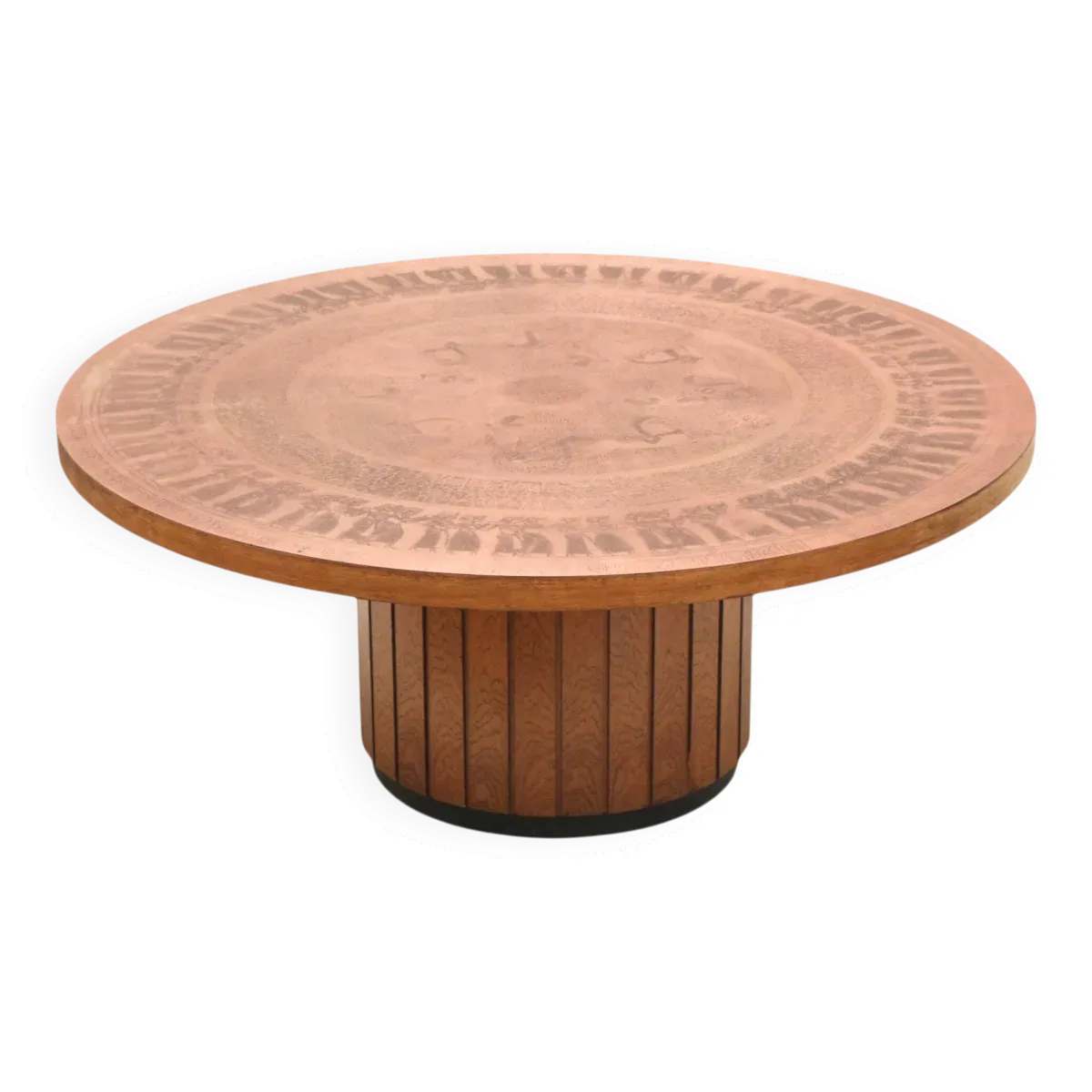 Table basse ronde vintage brutaliste de VAD Trævarefabrik avec plateau en cuivre