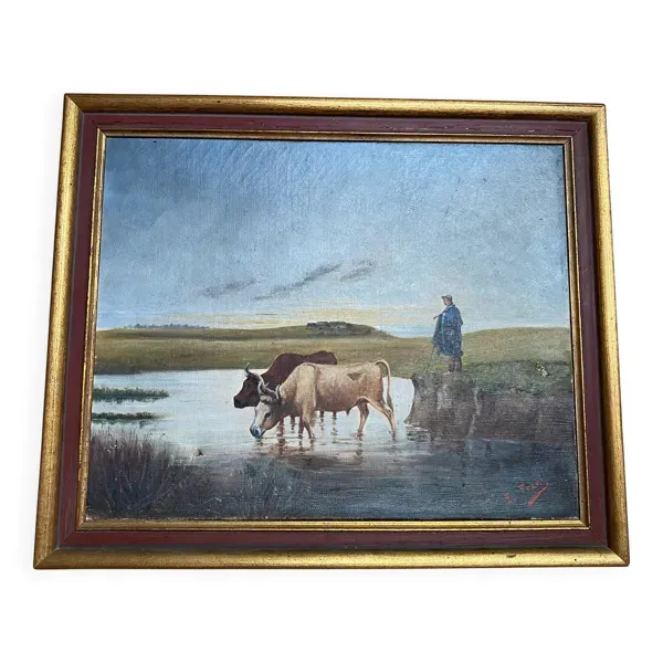 Tableau Scène pastorale à la rivière – École française, fin XIXe siècle