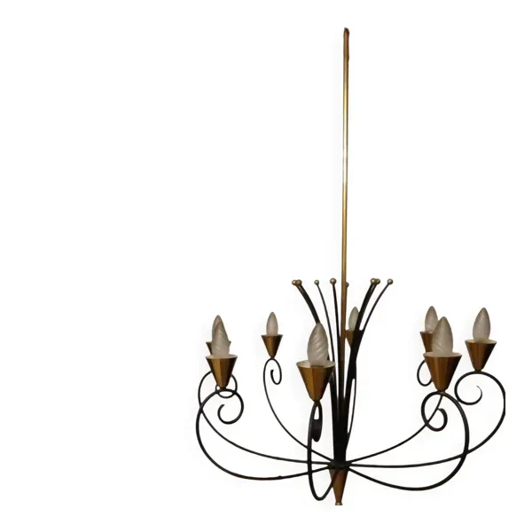 Grand lustre Mid-Century années 50 – 8 feux – fer forgé et laiton
