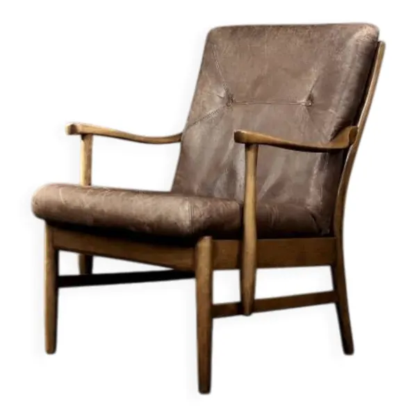 Fauteuil vintage en hêtre et cuir marron du milieu du siècle de Farstrup Møbler