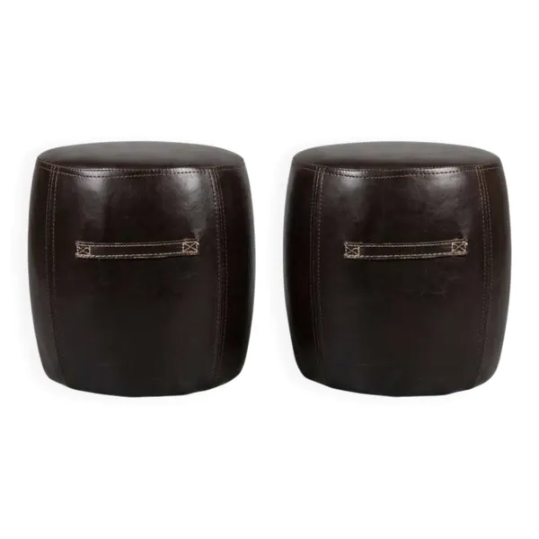 2 Petits poufs marron surpiqués beige - style industriel, loft, vintage, ré