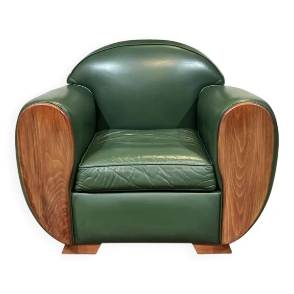 Fauteuil club style art déco en cuir et hêtre des années 1980