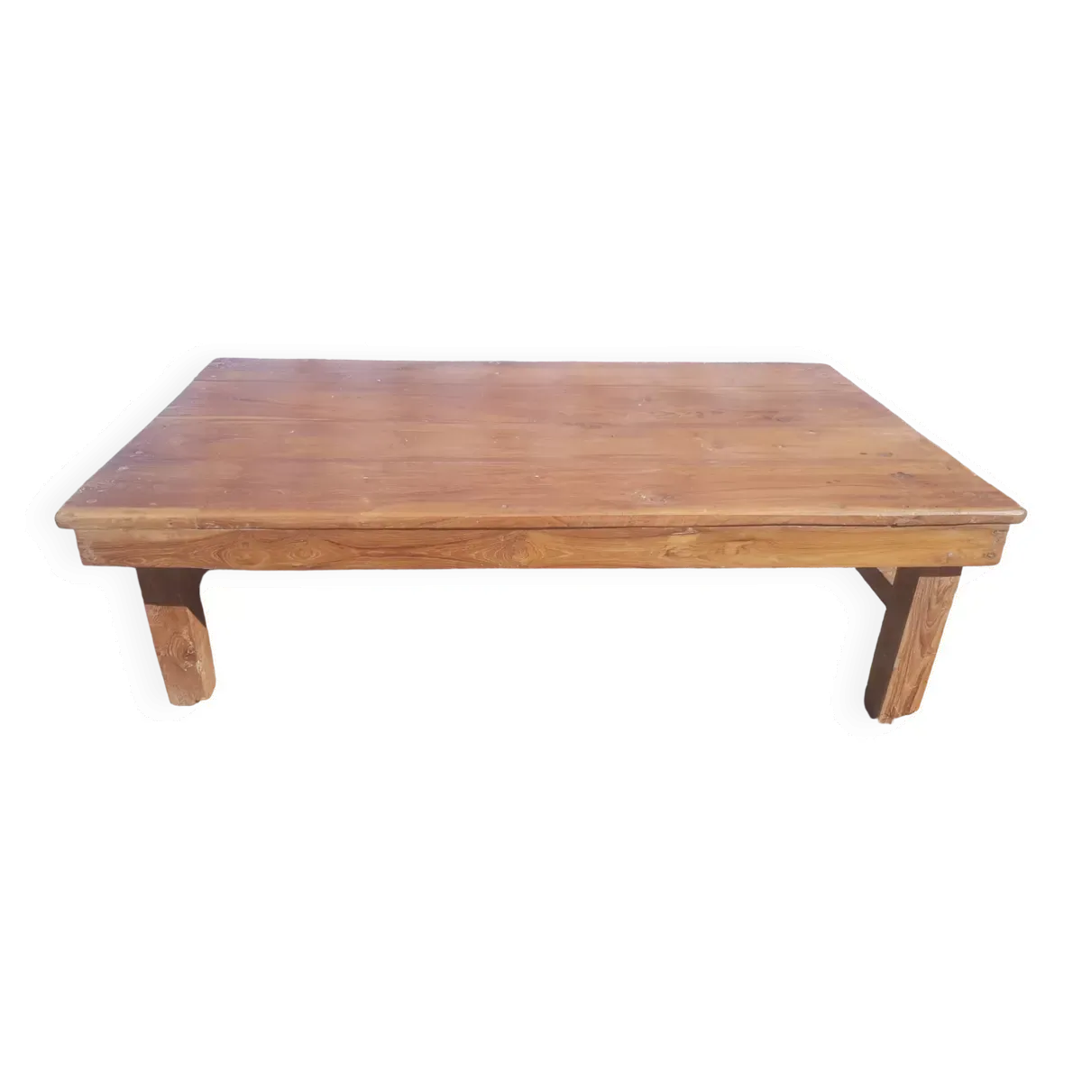 Ancienne table basse d'atelier industriel en teck massif