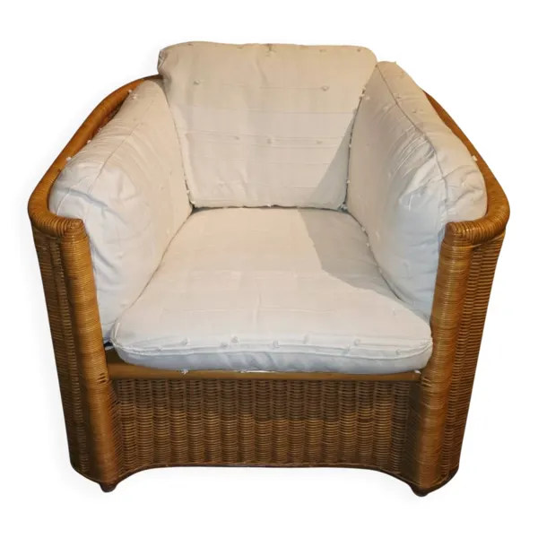 Fauteuil club en rotin & osier tressé – Fabrication Française 70s