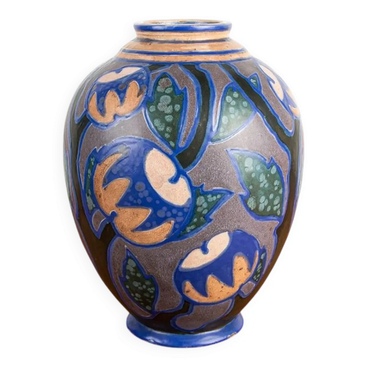 Magnifique Vase Art-Nouveau aux motifs floraux multicolors Revernay 1910.