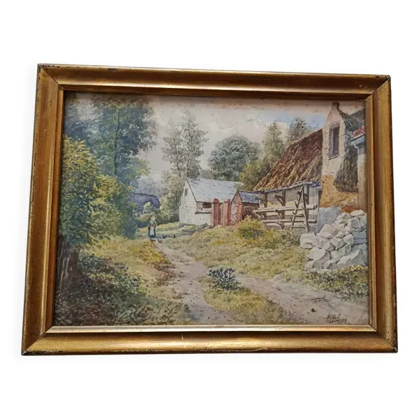 Aquarelle 1907 d'Albert Gysel ferme à la motte au bois vers la bourre nord