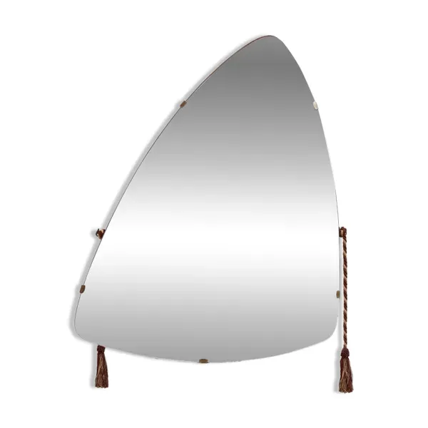 Miroir triangulaire organique vintage avec dos en bois, Belgique années 1960