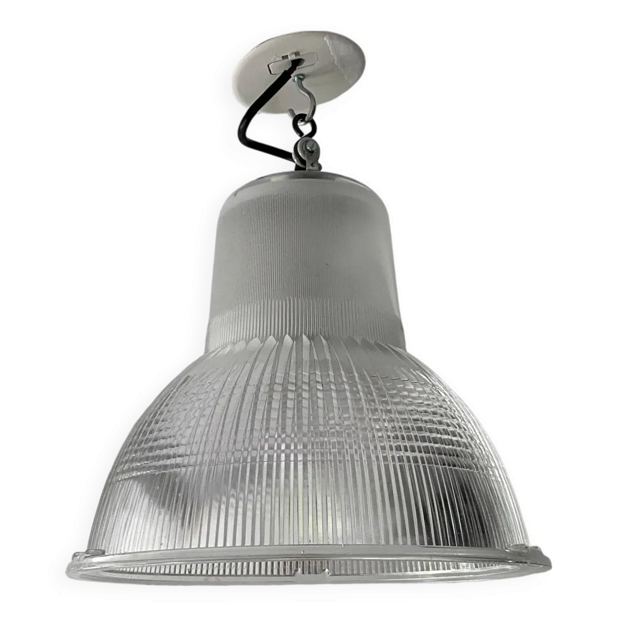 Lustre Suspension Holophane vintage des années 50/60 style industriel, verre strillé transparent