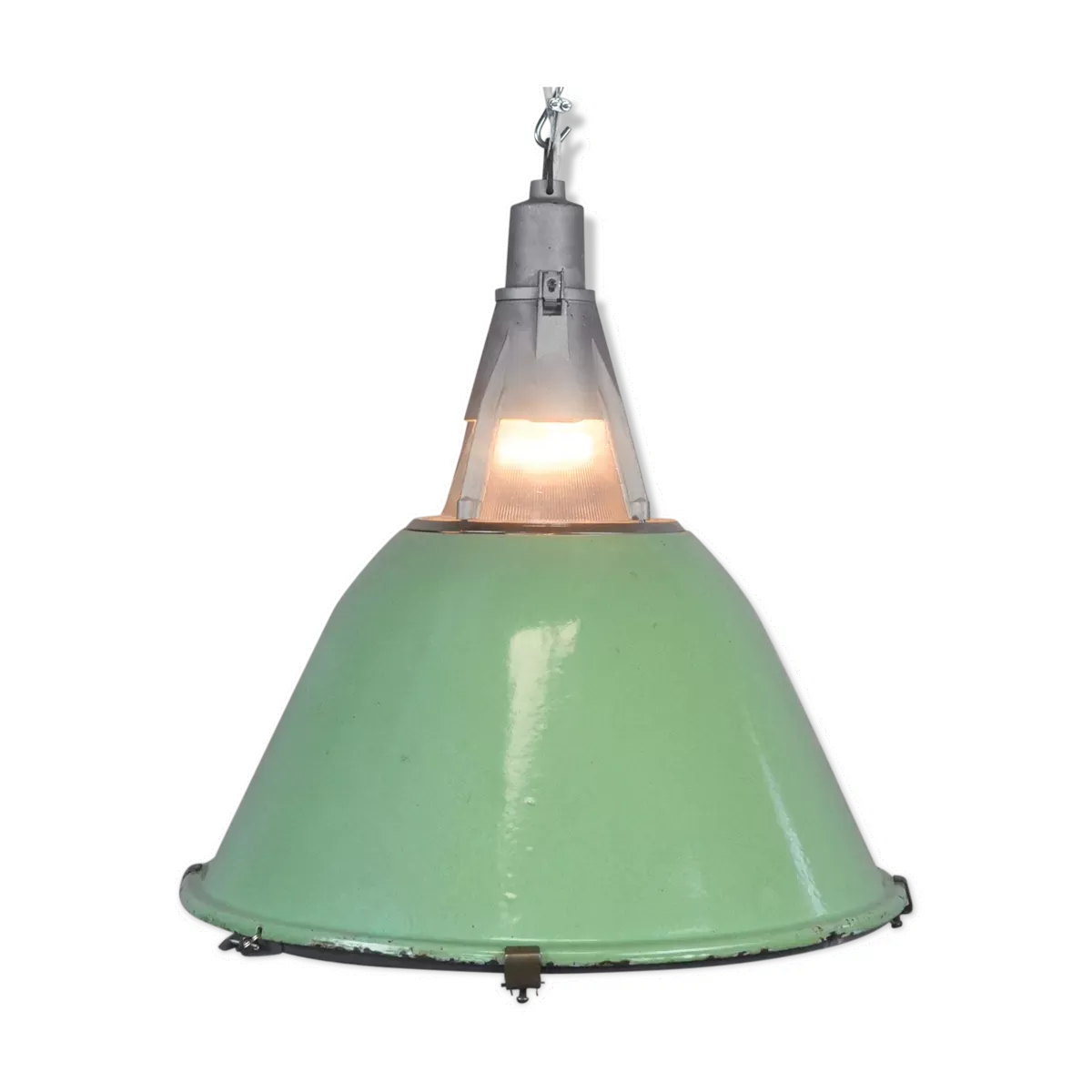 Green Enameled Industrial Pendant Light, 1950s
