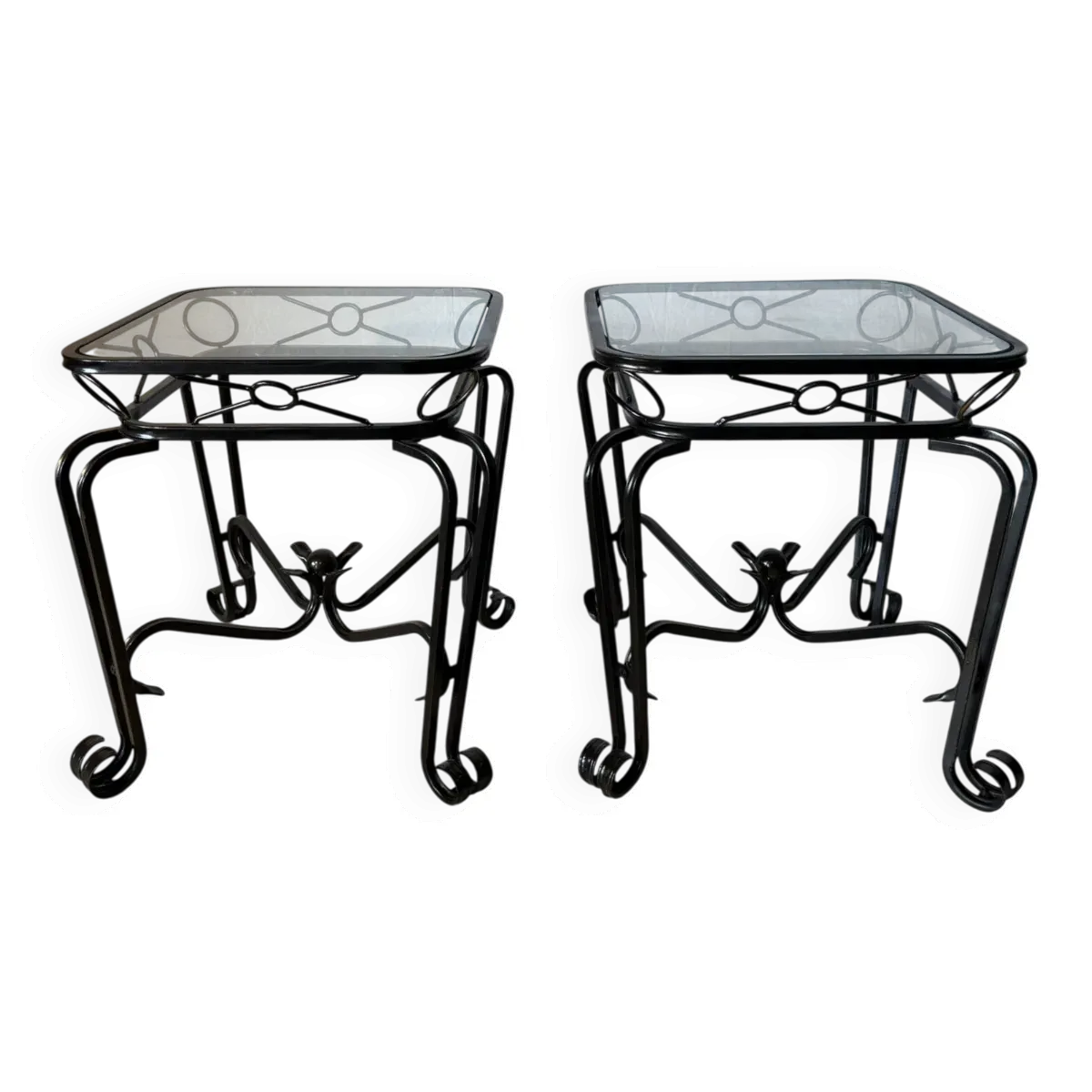 Paire de tables d’appoint vintage en fer forgé et verre – esprit Méditerran