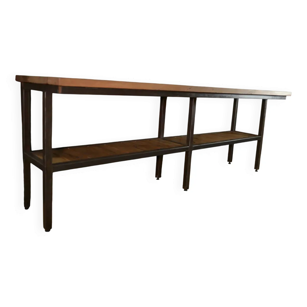 Grande Console industrielle en métal, 2 plateaux en chêne massif