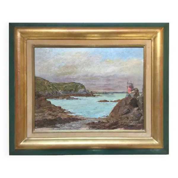Huile sur carton ''Bord de mer'', École anglaise fin 19ème s.