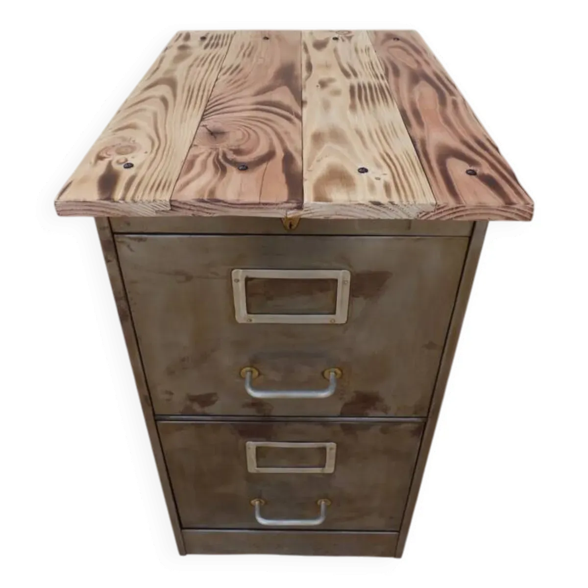 Meuble industriel ancien en métal effet rouillé deux tiroirs sur roulettes