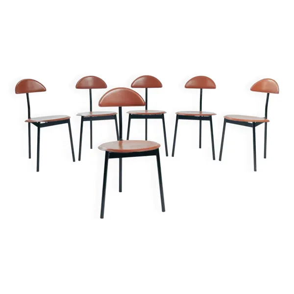 6 chaises trépied en cuir Linea Veam, Italie, années 1980