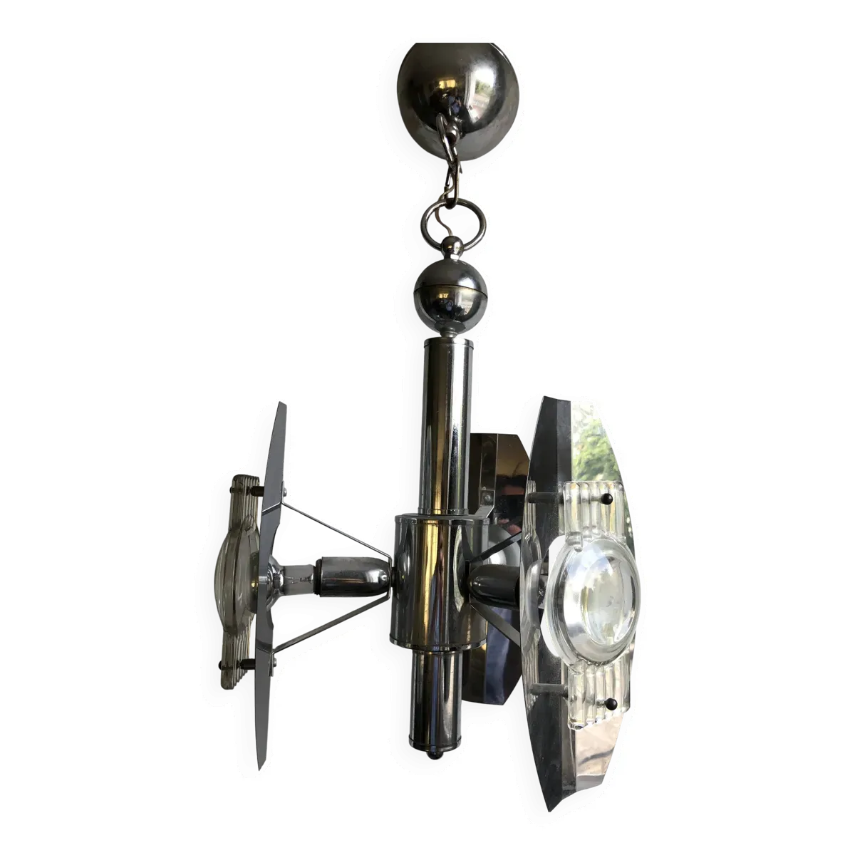 Lustre vintage en inox et verre moulé – design Space Age, années 70