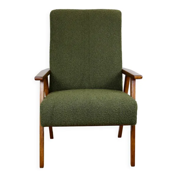 Fauteuil design vintage loft vert olive bouclé haut
