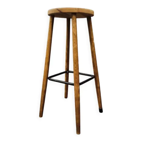 Ancien tabouret de bar en bois et métal – design sobre et authentique