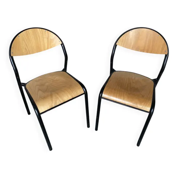 Paire chaise ancienne écolier style mullca métal noir + bois vintage #
