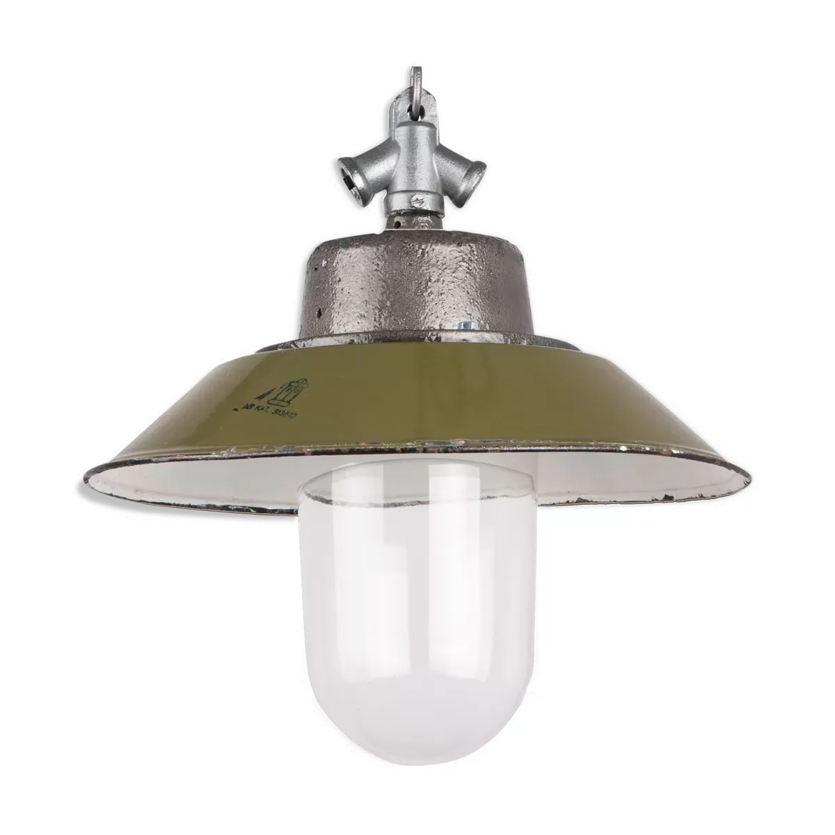 Industrial enamel lamp with glass and cast iron, Poland, 1960s